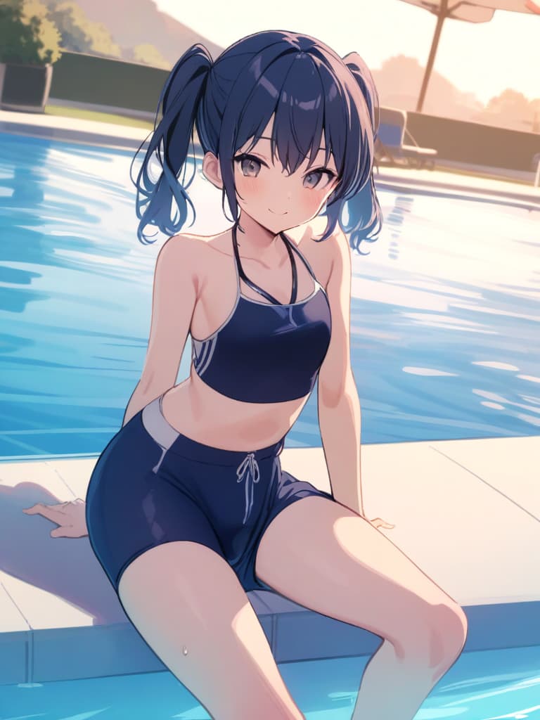  women's elementary students, dark blue swimwear, old swimwear, swimwear, , simple, male bulge, / swelling, shaped clear, , front, cute smile, twin tails, whole body, pool side, poolside,