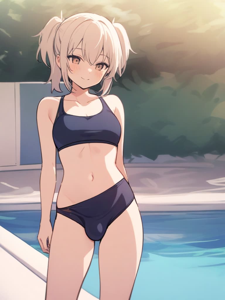  women's elementary students (male), twin tails, cute smiles, (rich s), low stature, dark blue swimwear, old swimwear, , simple (upward), male , (bulge), shaped clear , front , whole body, pool side,