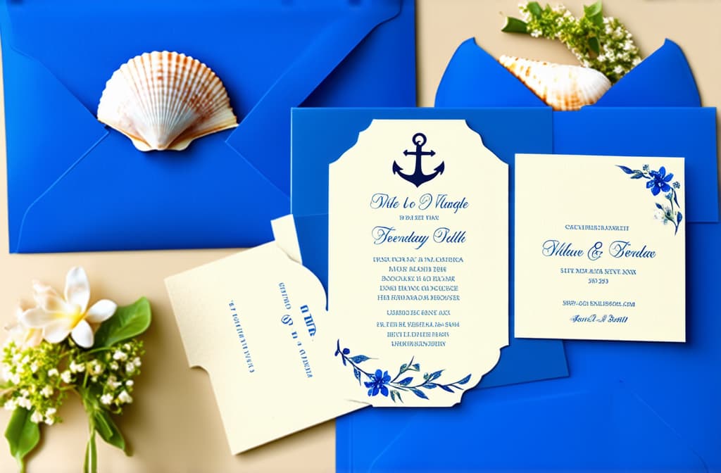  nautical wedding invitation cards and blue envelopes with seashell and flowers on beige background. sea wedding stationery set. ar 3:2 {prompt}, maximum details