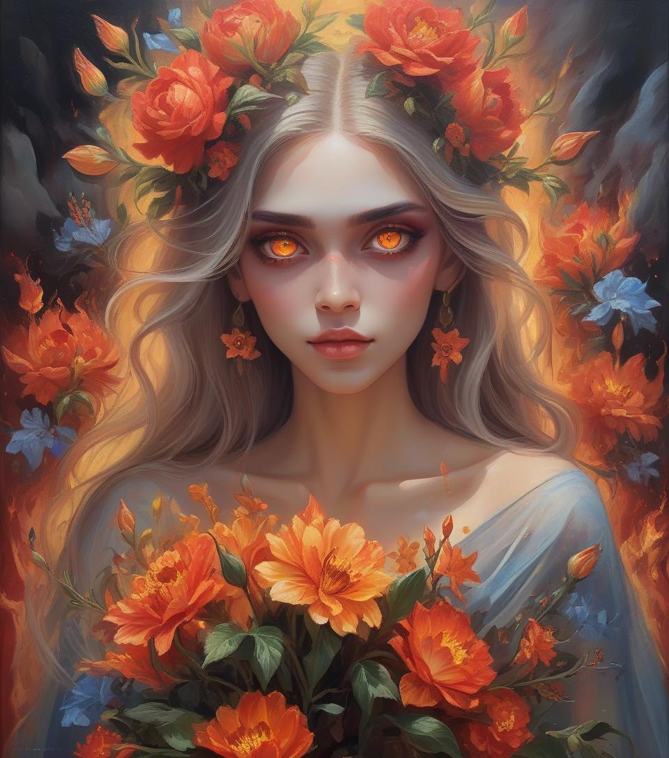  <mymodel>nataasha beautiful woman with flowers, oil painting, detailed fiery eyes, ethereal glow, dark and mysterious, high quality, vibrant colors, surreal, haunting, intricate floral details, intense gaze, mystical atmosphere, oil painting, demon, hybrid, fiery eyes, ethereal, vibrant colors, surreal, haunting, floral details, intense gaze, mystical atmosphere