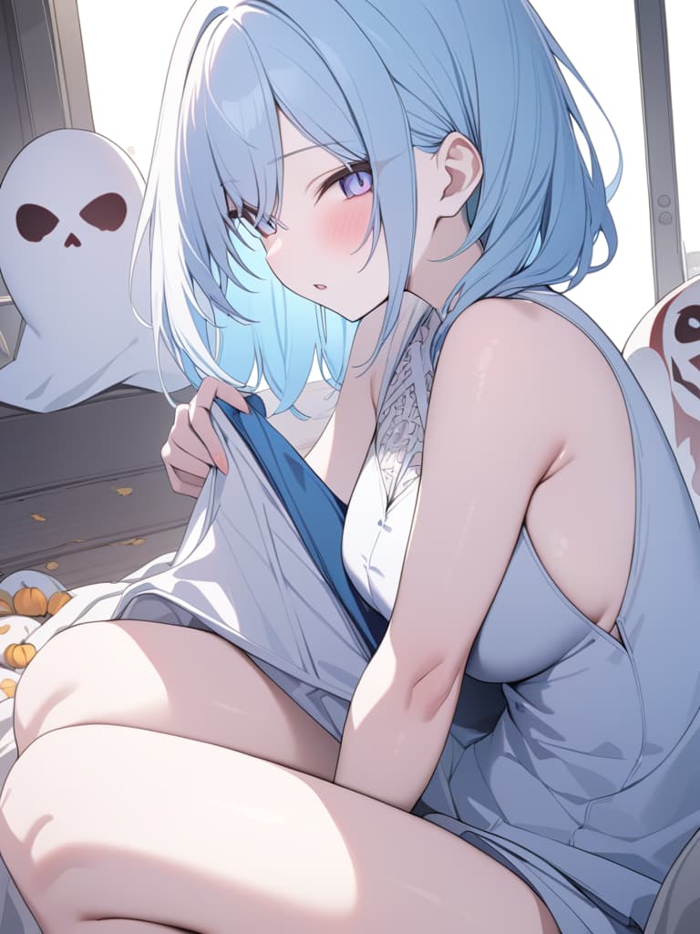  halloween, zombies, light blue, light blue hair, bob hair, ghosts, masterpiece, best quality,8k,ultra detailed,high resolution,an extremely delicate and beautiful,hyper detail