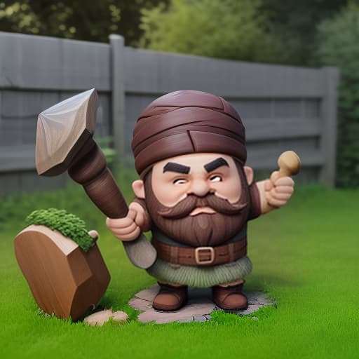  bearded dwarf with a wooden hammer against a green lawn