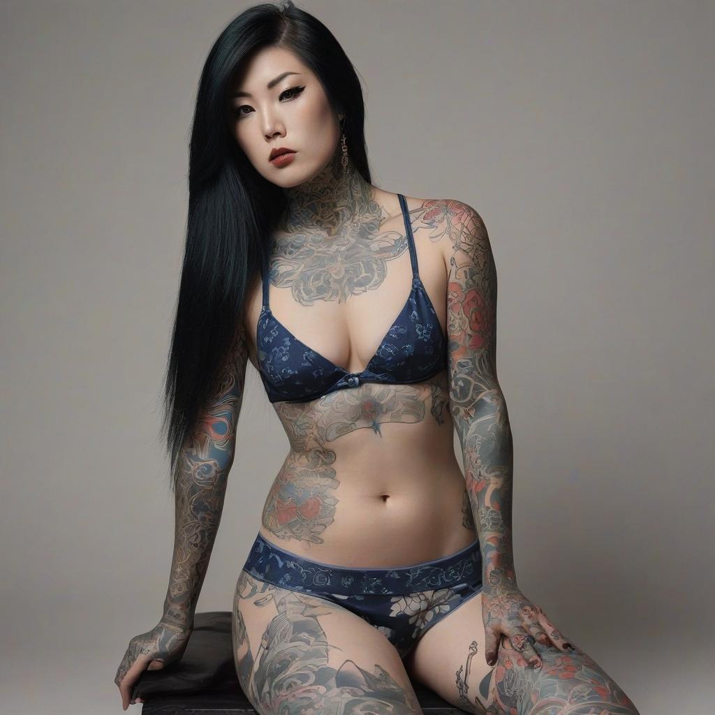  a woman in underwear, with tattoos in the japanese style of "irezumi" more tattoos, dark long hair, straight nose, oriental entourage, sitting in a feminine pose, background and clothes to style the edi era.