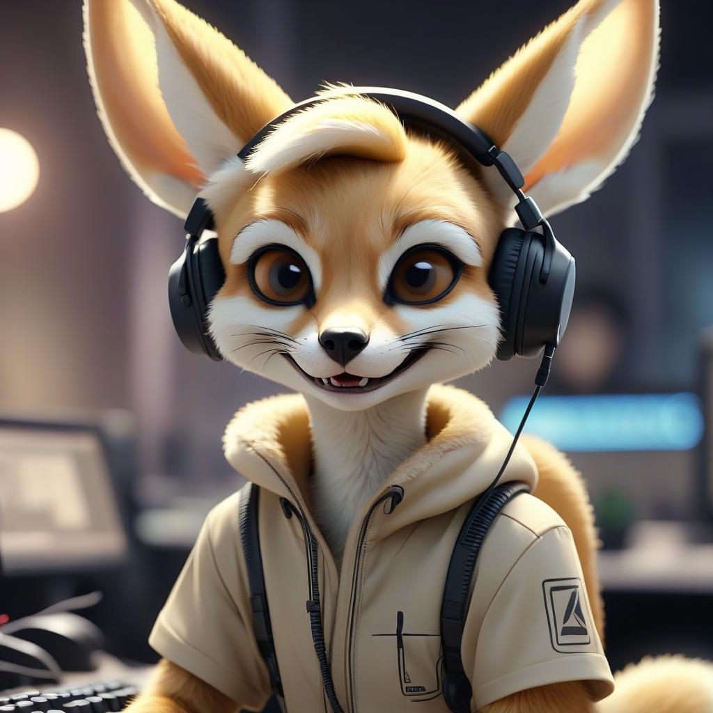  cinematic photo fennec technical support operator, working in headphones, close up head, smiling . 35mm photograph, film, bokeh, professional, 4k, highly detailed