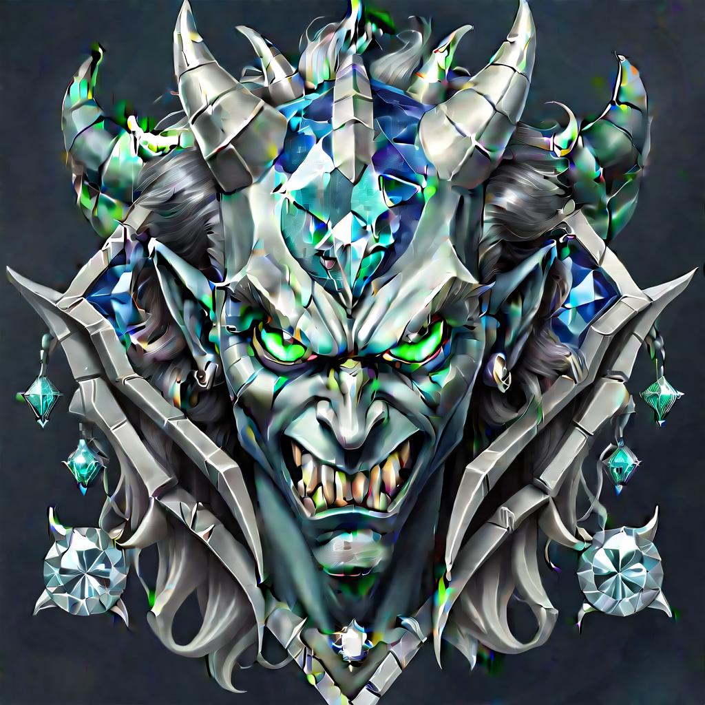  diamond devil, portrait. dark green eyes, man. kind. hair gray. with fangs and horns. colors blue, blue, silver