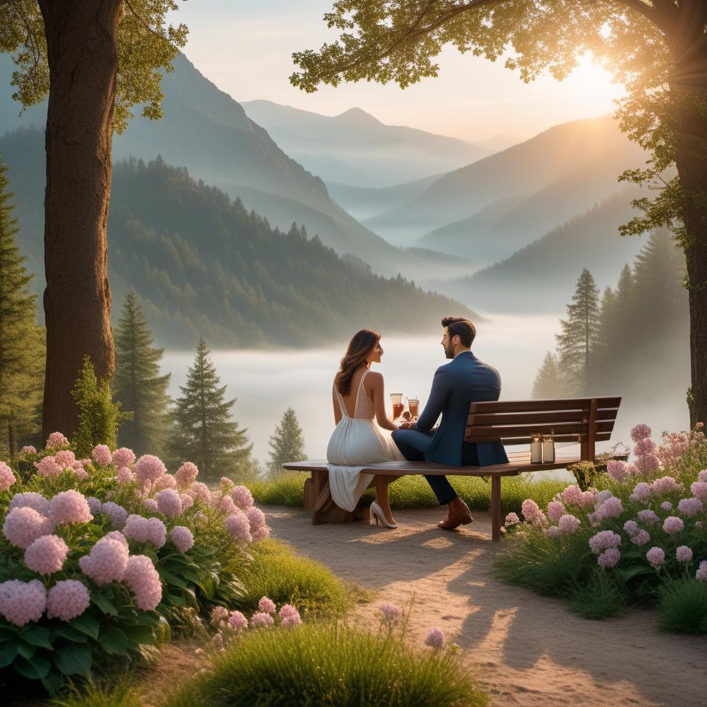  A serene morning scene with a soft sunrise. A couple in love is sitting together, holding each other, with warm rays of morning light illuminating the landscape. Include elements of personal touches like a cozy coffee nook, blooming flowers, and a hint of future adventures like distant mountains or paths leading to new destinations. The atmosphere should evoke feelings of warmth, love, and anticipation. hyperrealistic, full body, detailed clothing, highly detailed, cinematic lighting, stunningly beautiful, intricate, sharp focus, f/1. 8, 85mm, (centered image composition), (professionally color graded), ((bright soft diffused light)), volumetric fog, trending on instagram, trending on tumblr, HDR 4K, 8K