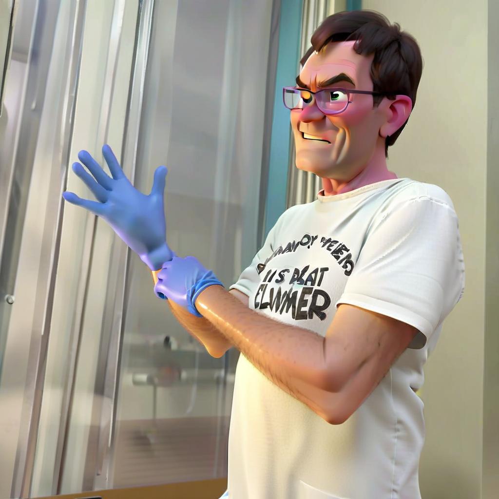  a character from pixar cartoons. this is an evil doctor. he puts on gloves smiling evilly. in the background is a laboratory, many flasks. purple smoke.