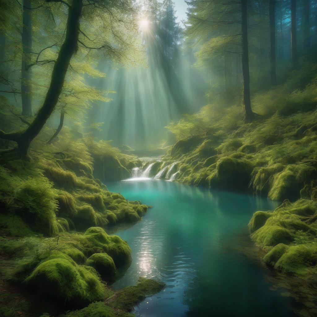  early dawn the sun illuminates (misty relict forest covered with moss and greens 1.1). in the middle of the forest (lake with transparent blue green water 1.2), on the lake (sun ray 1.3 falls), illuminating the glare of the waves. beautiful picture, pleasant atmosphere, warm tones. landscape. great detail