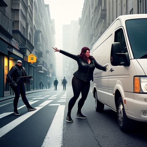  (Photo). An aggressive male rocker in rocker clothes kicks a middle aged woman out of a Russian minibus. a woman in ordinary casual clothes, middle aged overweight, a young man, without a beard, daytime street. hyperrealistic, full body, detailed clothing, highly detailed, cinematic lighting, stunningly beautiful, intricate, sharp focus, f/1. 8, 85mm, (centered image composition), (professionally color graded), ((bright soft diffused light)), volumetric fog, trending on instagram, trending on tumblr, HDR 4K, 8K