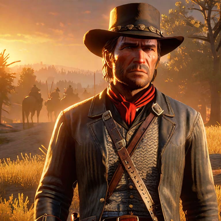  red dead redemption iii game poster hyperrealistic, full body, detailed clothing, highly detailed, cinematic lighting, stunningly beautiful, intricate, sharp focus, f/1. 8, 85mm, (centered image composition), (professionally color graded), ((bright soft diffused light)), volumetric fog, trending on instagram, trending on tumblr, HDR 4K, 8K