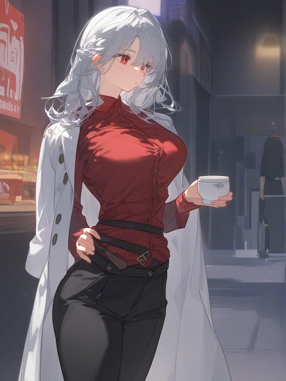  a strong woman, silver long hair. she has deep, beautiful red eyes that are very prominent, white eyelashes that are very prominent in the eyes. she wears dark dress pants. a red shirt with buttons on the front seam, two thin belts under the bust. a light gray lab coat on the shoulders. a very strong and slender body, his strong abdomen shows in the red shirt. the background is a futuristic area where people practice combat in the background. she has a cup of coffee in her hands. well highlighted eyes with white eyelashes details, 8k. . best quality, high resolution