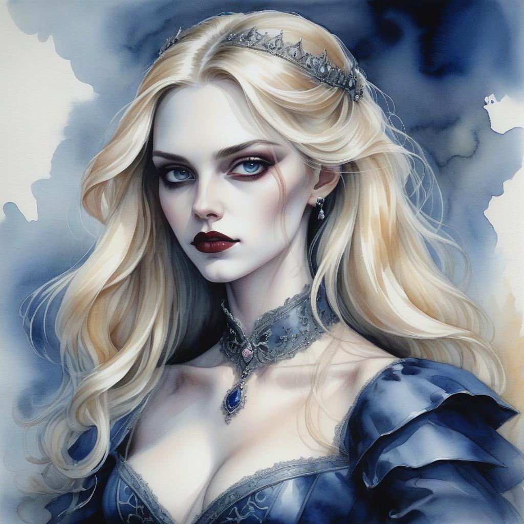  watercolor painting young aristocrat, dark fantasy art, long blonde hair, grace, majesty, aesthetics of vampirism and beauty . vibrant, beautiful, painterly, detailed, textural, artistic