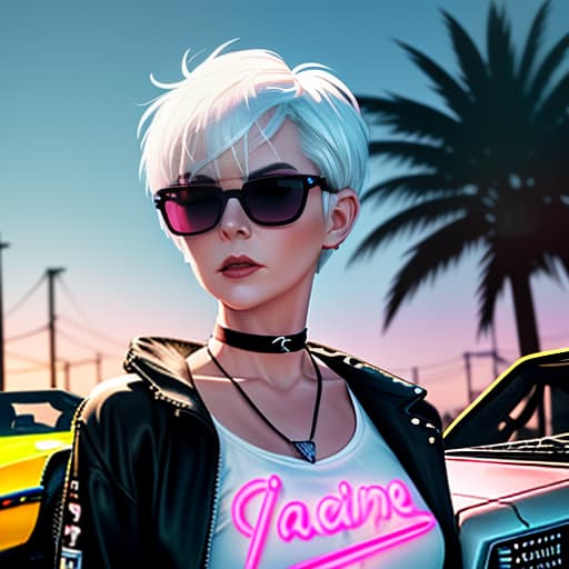  a woman with white hair, a short pixie haircut in sunglasses, a top top t shirt, with a choker around her neck, stands against a neon sunset in full height near a delorean dmc 12 car. seaside, palm shade. neon sunset. neon sign "neon cherry". digital photo. high detail. high realism.