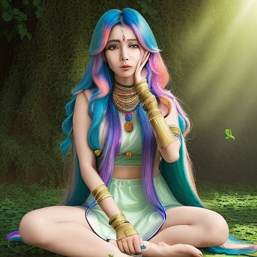  a 28age indian lady her hair rainbow color and she sitting in the circle it was covered by green leaves her face sexy reaction