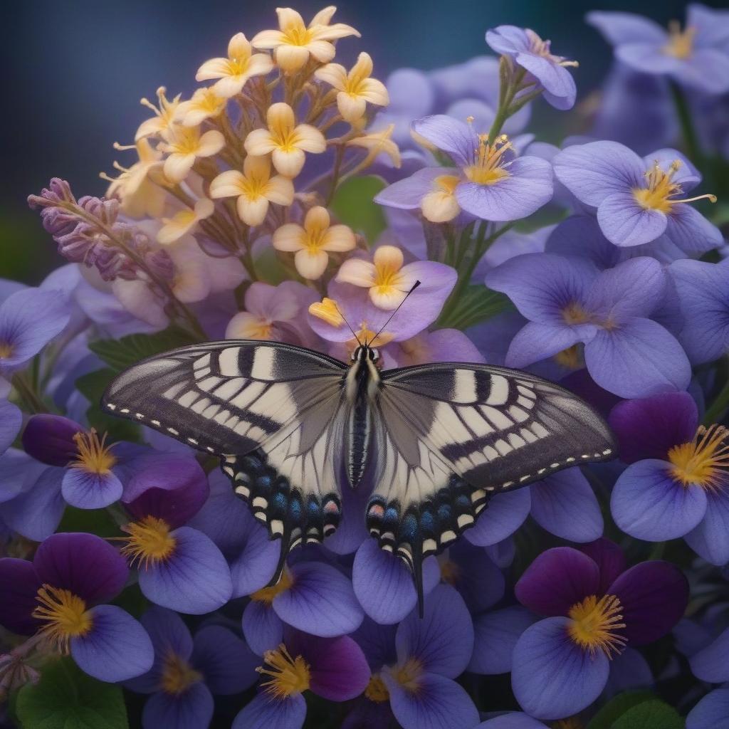  Beautiful swallowtail butterfly on violets hyperrealistic, full body, detailed clothing, highly detailed, cinematic lighting, stunningly beautiful, intricate, sharp focus, f/1. 8, 85mm, (centered image composition), (professionally color graded), ((bright soft diffused light)), volumetric fog, trending on instagram, trending on tumblr, HDR 4K, 8K