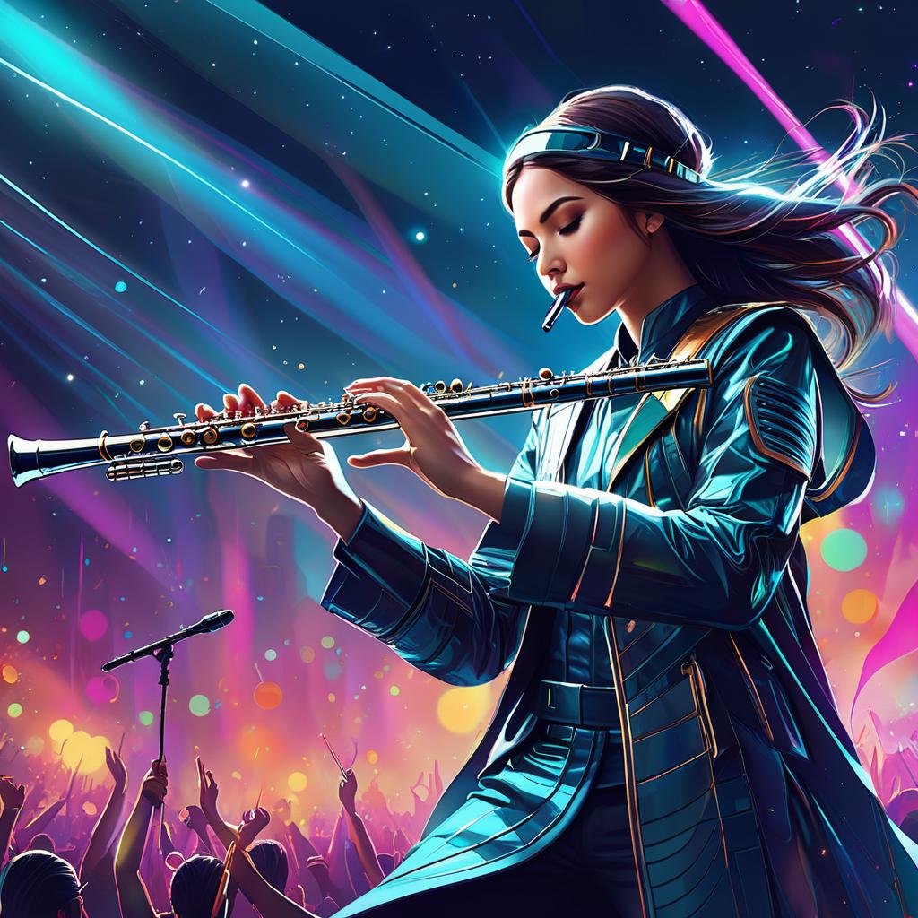  concept art futuristic musical flute in the air at a music rave. digital artwork, illustrative, painterly, matte painting, highly detailed