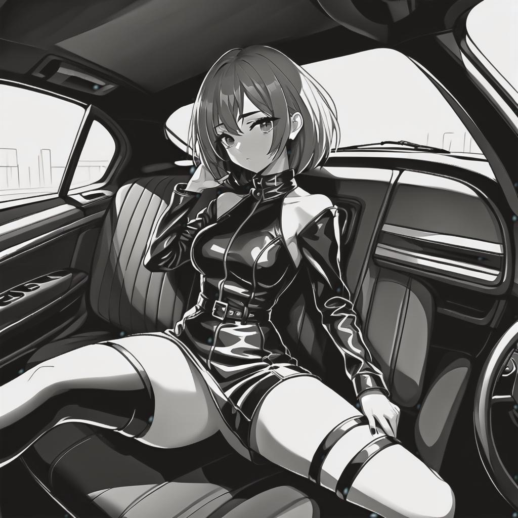  line art drawing girl in leather dress, in car, same nightmare. anime style . professional, sleek, modern, minimalist, graphic, line art, vector graphics