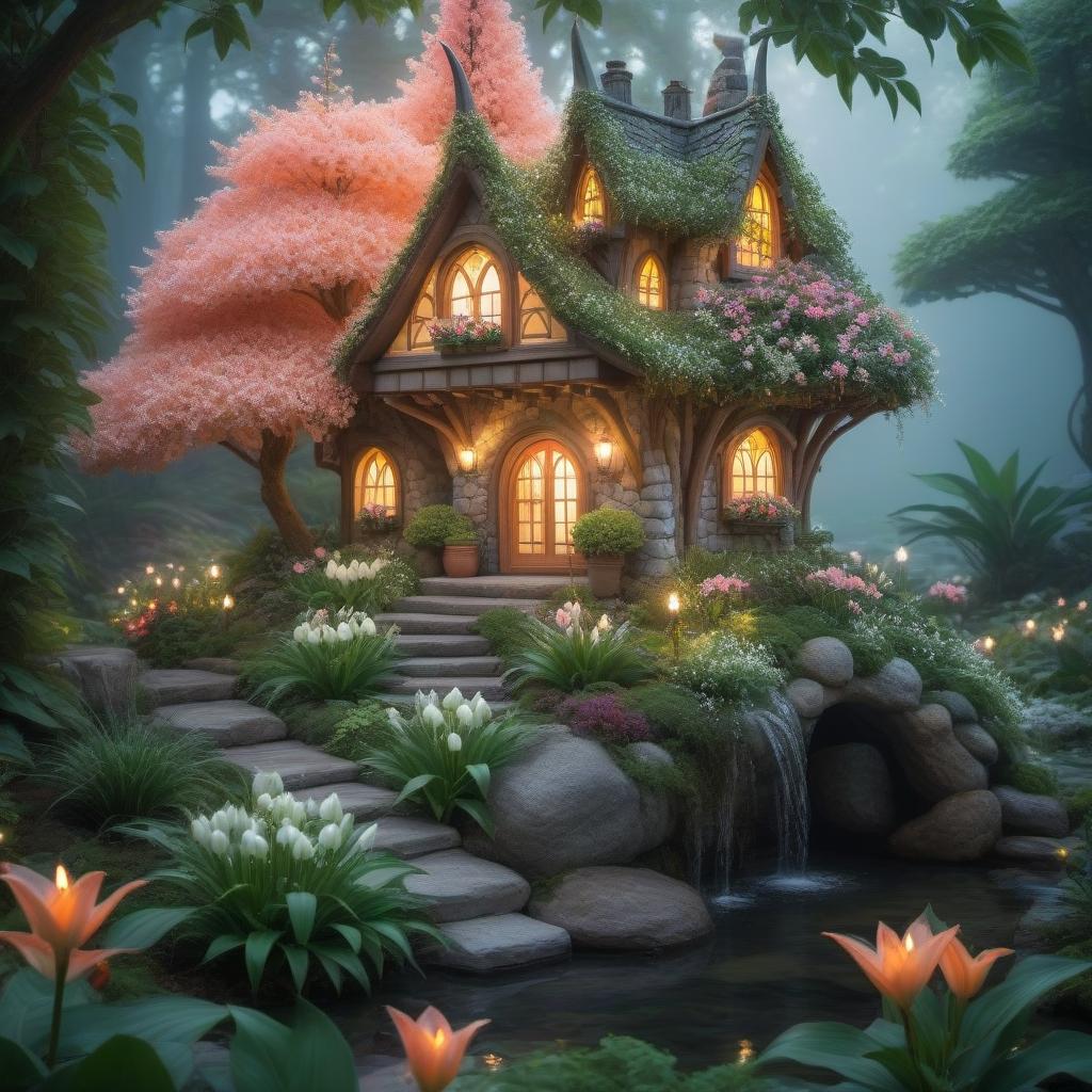  Fairy-tale elf house surrounded by a garden with lilies of the valley hyperrealistic, full body, detailed clothing, highly detailed, cinematic lighting, stunningly beautiful, intricate, sharp focus, f/1. 8, 85mm, (centered image composition), (professionally color graded), ((bright soft diffused light)), volumetric fog, trending on instagram, trending on tumblr, HDR 4K, 8K