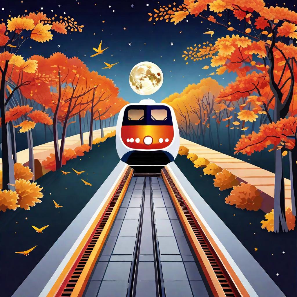  masterpiece, best quality, modern high-speed rail, high-speed railway, harmony high-speed rail, autumn hanging high, mid-autumn atmosphere, moon appreciation, happy