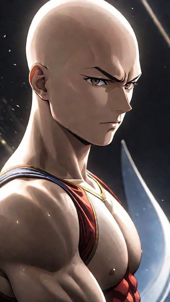  anime art: saitama, the mysterious bald hero with unparalleled strength, hints at a hidden agenda and lost memories. hyperrealistic, full body, detailed clothing, highly detailed, cinematic lighting, stunningly beautiful, intricate, sharp focus, f/1. 8, 85mm, (centered image composition), (professionally color graded), ((bright soft diffused light)), volumetric fog, trending on instagram, trending on tumblr, HDR 4K, 8K