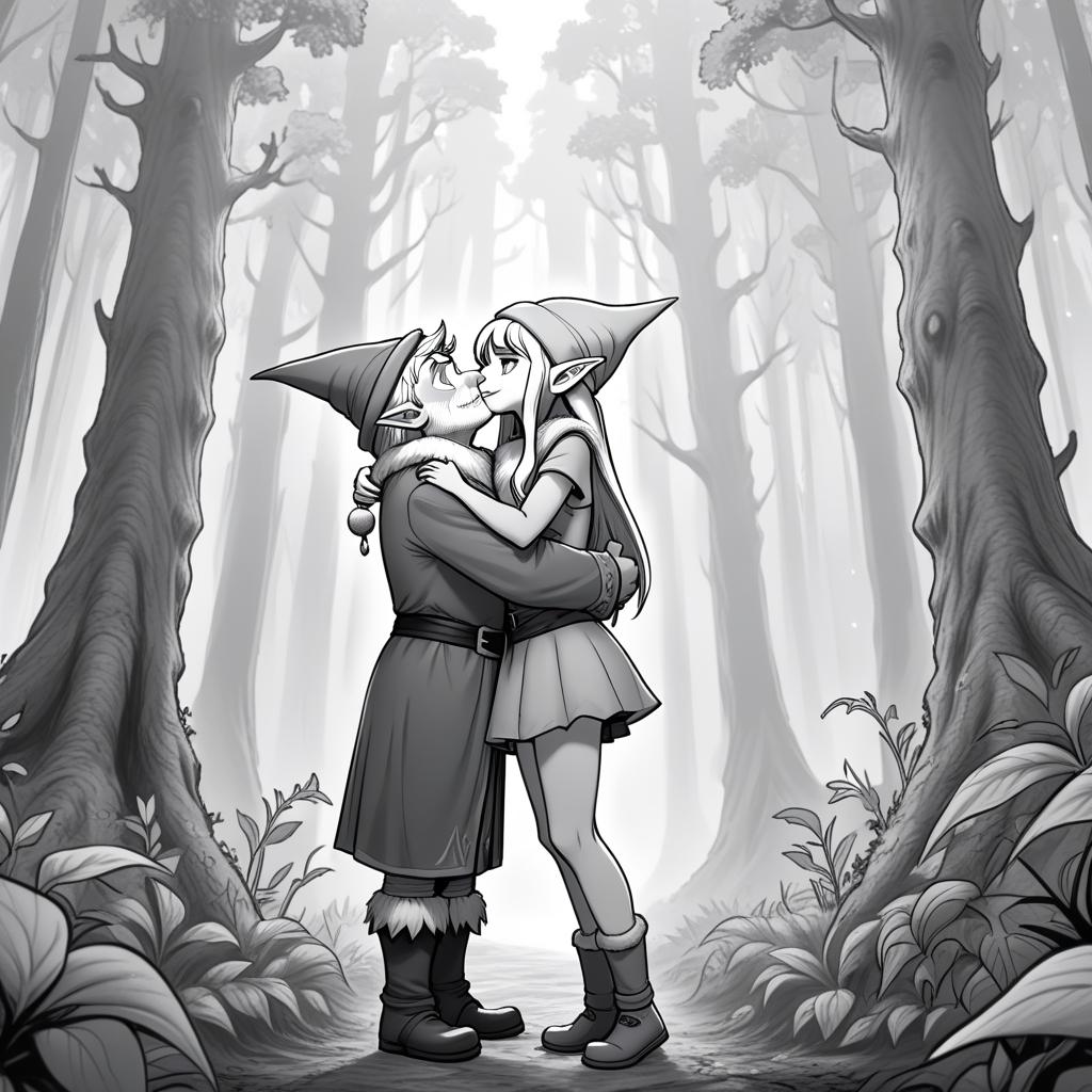  manga artwork fantasy, greyscale monochrome, manga materials, young female elf hugging elder gnome with conus hat in the middle of misty forest, frontal perspective, middle horison point, fullsize body view, legs. manga artist. manga, highly emotional. best quality, high resolution