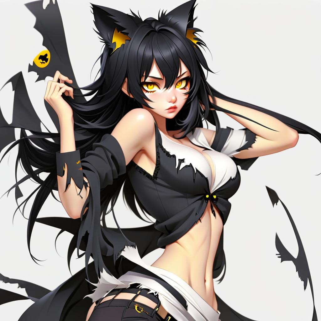  torn clothes, wild look, black hair, black cat ears, yellow eyes