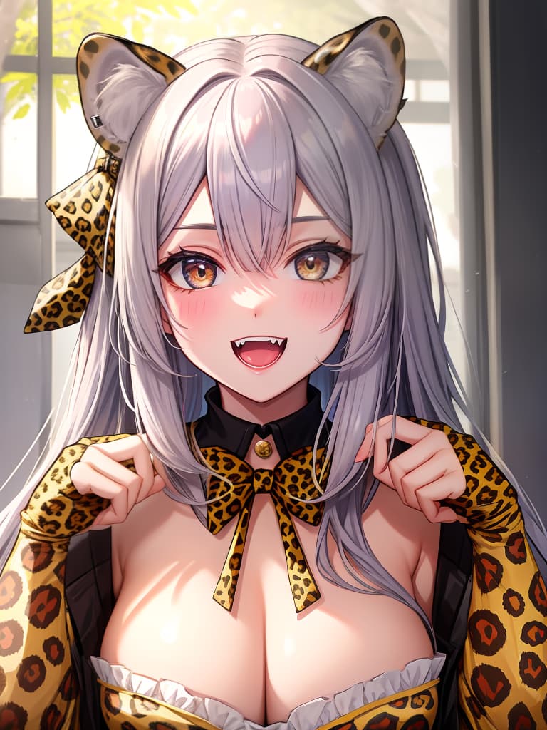  (fangs)masterpiece,beautiful girl ((leopard ears))(posed barking with both hands)(fangs)(in leopard print blouse)(close up of upper body)(high quality 8k)