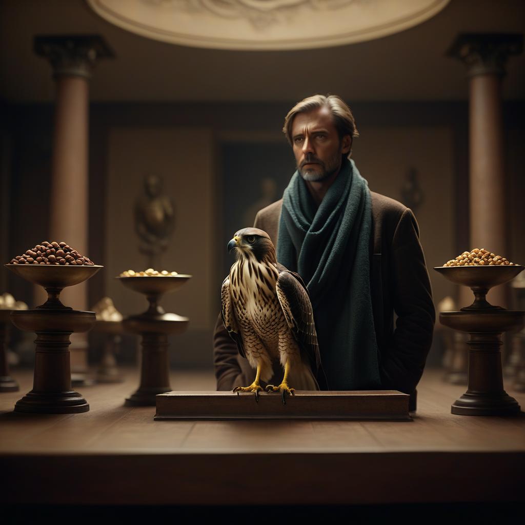  cinematic film still a man with the head of a hawk raised a scarf over his head, looks directly in front of him, in front of him five pedestals with bowls on each, behind a chamber room in muffled tones . shallow depth of field, vignette, highly detailed, high budget, bokeh, cinemascope, moody, epic, gorgeous, film grain, grainy