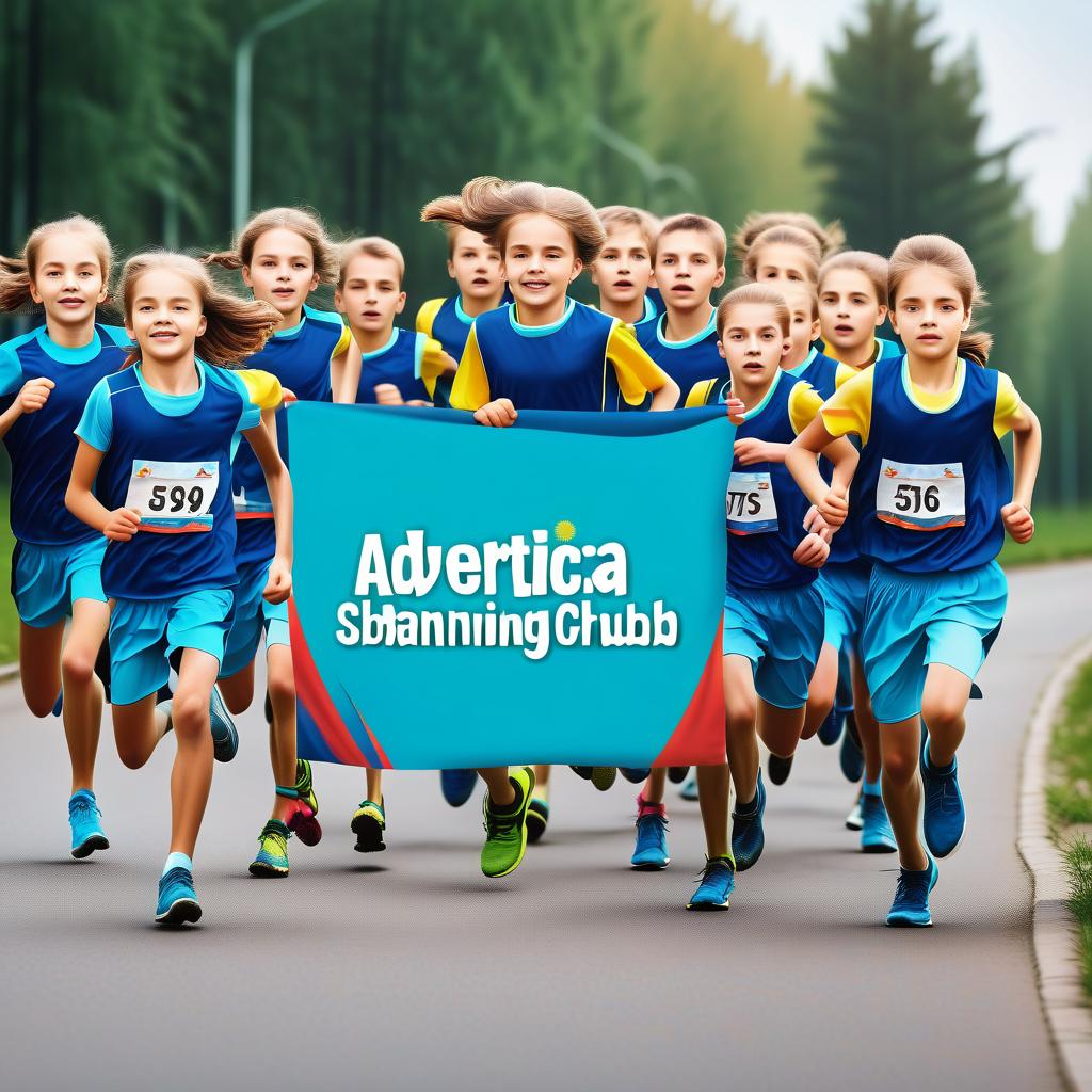  create an advertising banner for an amateur school running club consisting of running russian speaking slavic schoolchildren without inscriptions on clothes