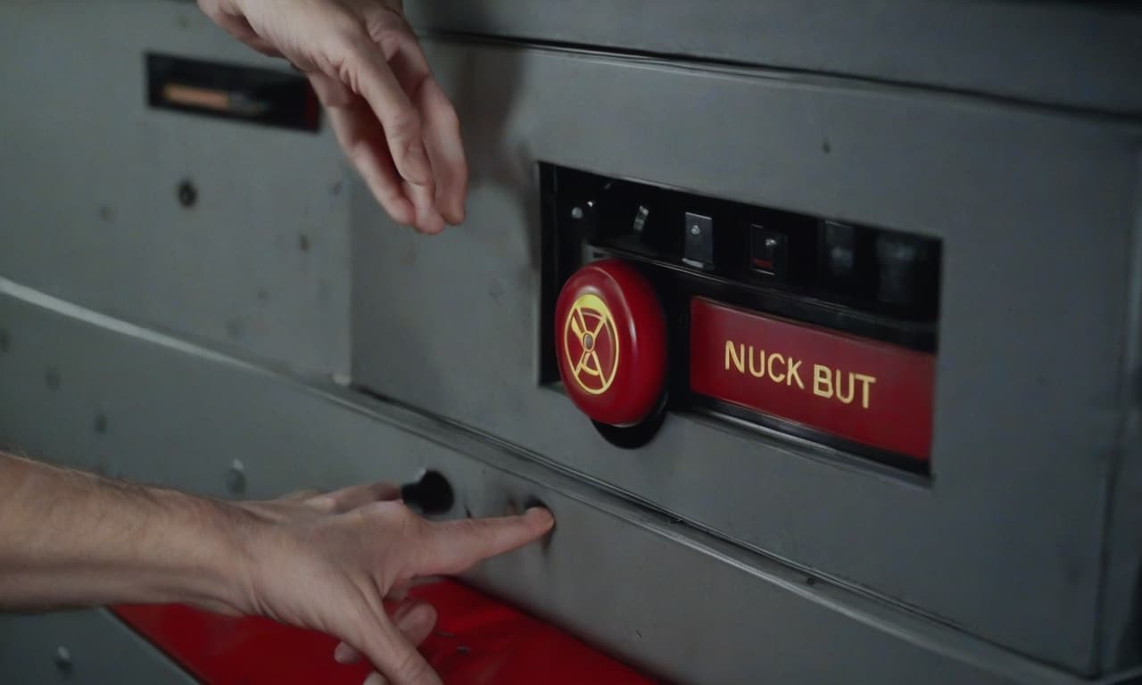  hand reaches out to press the red button on the nuclear suitcase.