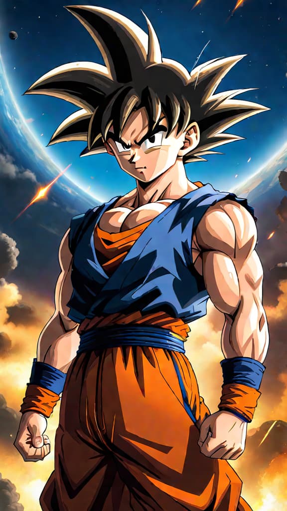  anime art: goku from dragon ball z analyzing his power potential to destroy earth. hyperrealistic, full body, detailed clothing, highly detailed, cinematic lighting, stunningly beautiful, intricate, sharp focus, f/1. 8, 85mm, (centered image composition), (professionally color graded), ((bright soft diffused light)), volumetric fog, trending on instagram, trending on tumblr, HDR 4K, 8K