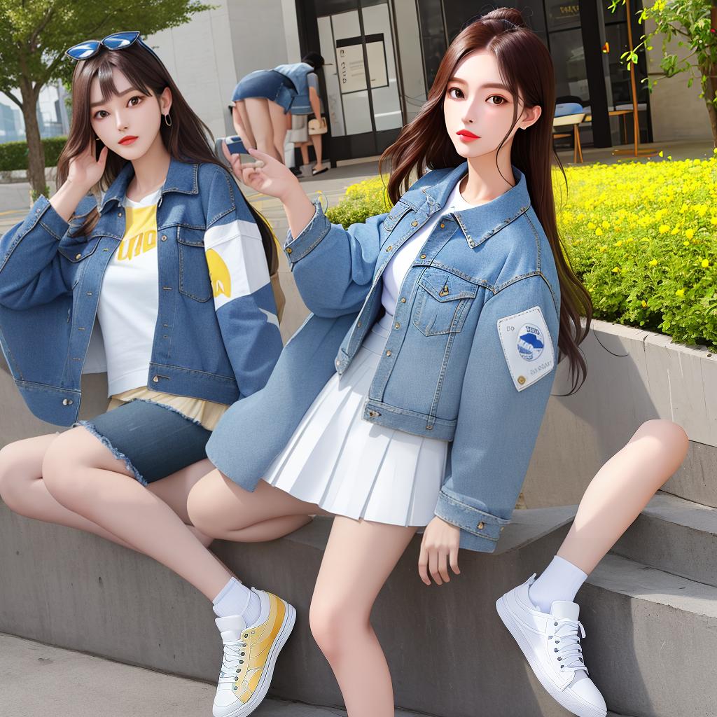  masterpiece, best quality,Denim Blue Jean Cropped Jean Jacket, White Polo Shirt, Yellow Pleased Mid Calf Skirt, Casual White Sneakers,