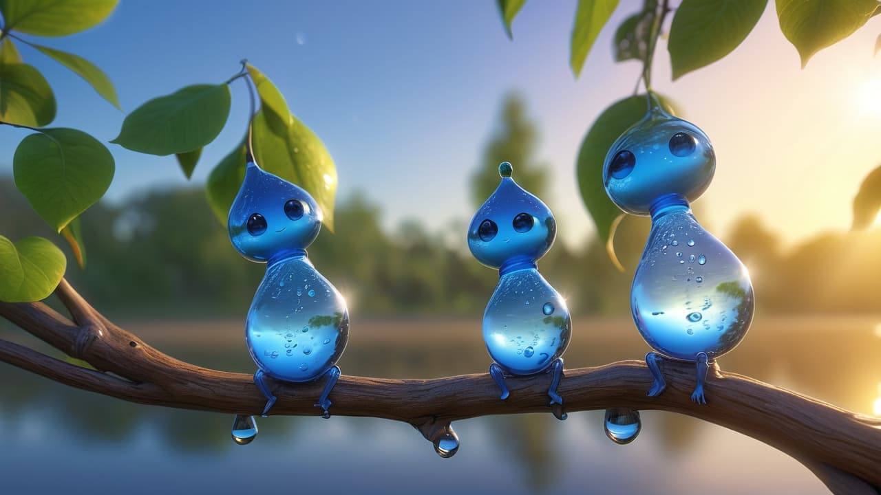  a hyper realistic and whimsical conceptual artwork of a couple of water droplets turned into fantasy water characters sitting on a tree branch watching the beautiful sunrise. uhq, hdr, c4d, ultra detailed macro., high quality, high details, hd, perfect composition, 4k epic detailed, highly detailed, sharp focus, high resolution