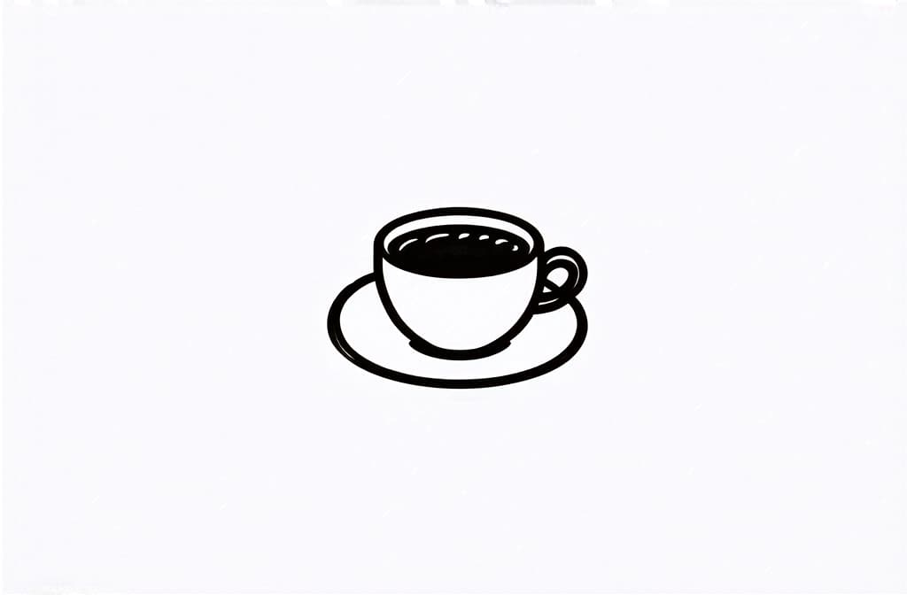  contour, very simple image in one unbroken black ink line, single line of coffee cup on saucer, engraving illustration, icon isolated on white background ar 3:2 using a single continuous black line ink brushon white background, drawing should be created without lifting the pen, recognizable features of coffee cup on saucer, engraving illustration, icon isolated on white background ar 3:2 in one unbroken line