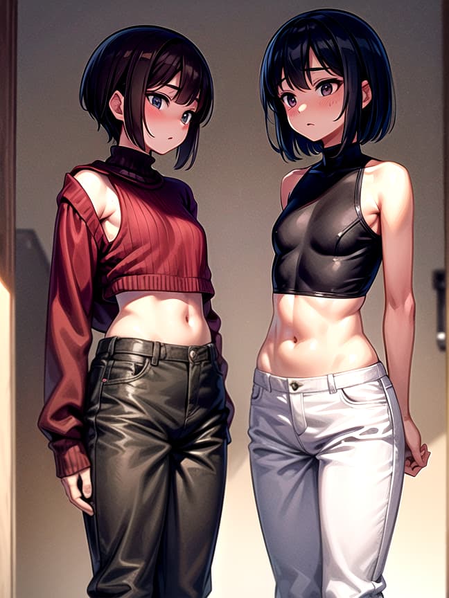  2 women, older, small chest, holding hips, rear view, standing indoors, dim lighting