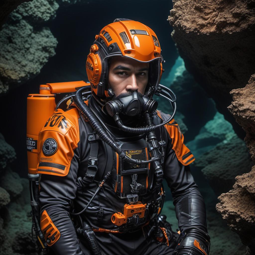  jb name, male, rebreather diver, thick loops, helmet in orange, cave diver, underwater, face view diver, fresh water, shoulder view, jb, cyberpunk style