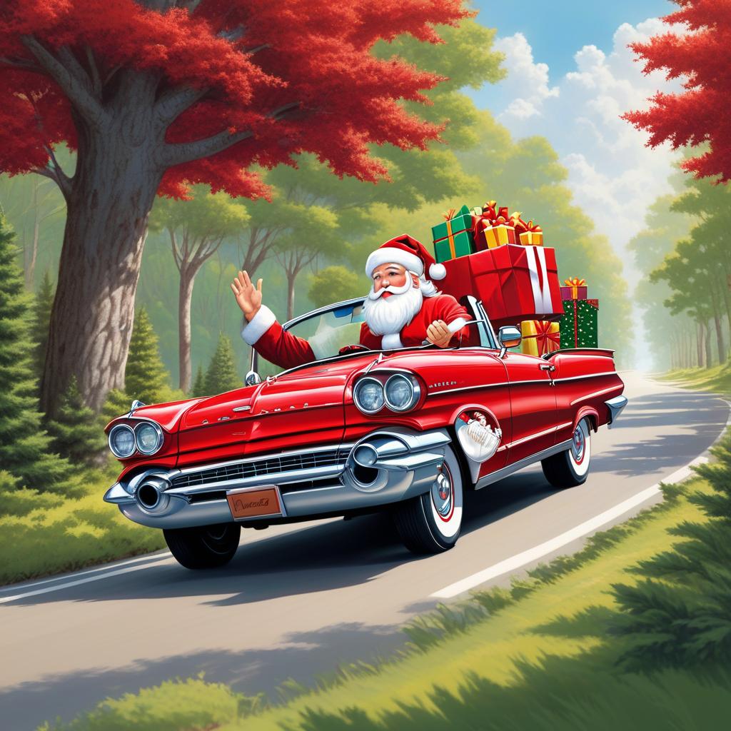  santa driving a red convertible with presents in backseat driving down a tree lined road, award winning, professional, highly detailed, masterpiece