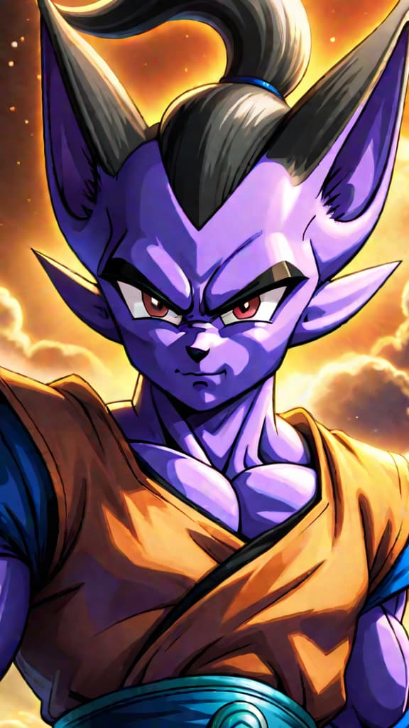  an anime art depicting beerus sensing saiyans' threat with a rebellious aura in dragon ball super. hyperrealistic, full body, detailed clothing, highly detailed, cinematic lighting, stunningly beautiful, intricate, sharp focus, f/1. 8, 85mm, (centered image composition), (professionally color graded), ((bright soft diffused light)), volumetric fog, trending on instagram, trending on tumblr, HDR 4K, 8K