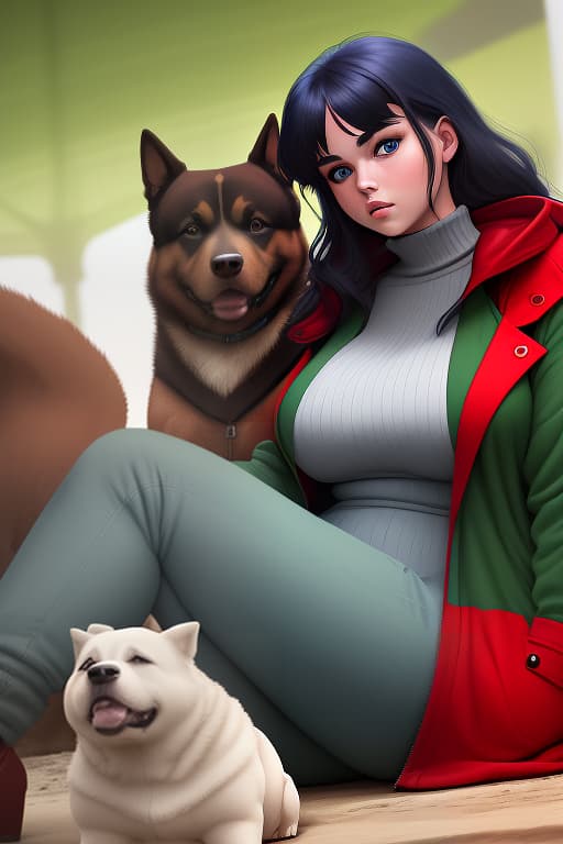  a plump young woman of 18 with blue eyes and a red frame in a green jumpsuit, sitting next to a medium sized dog, the coat is dark gray.