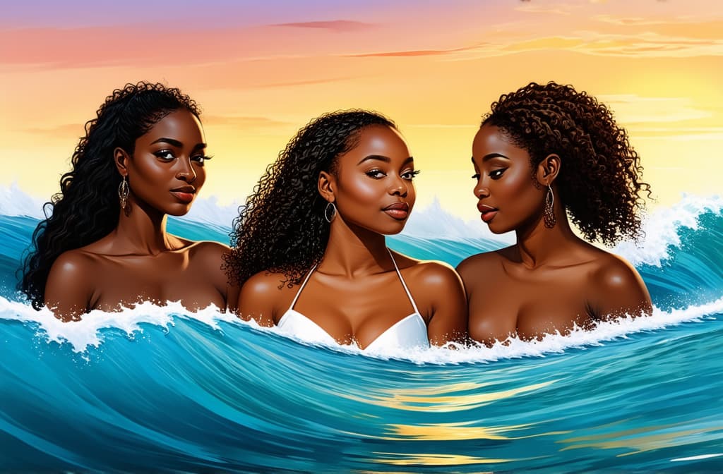  diverse multiethnic women together in the sea waves at sunset. fantasy abstract, flat illustration. for poster, postcard, banner, magazine cover. ar 3:2, (natural skin texture), highly detailed face, depth of field, hyperrealism, soft light, muted colors