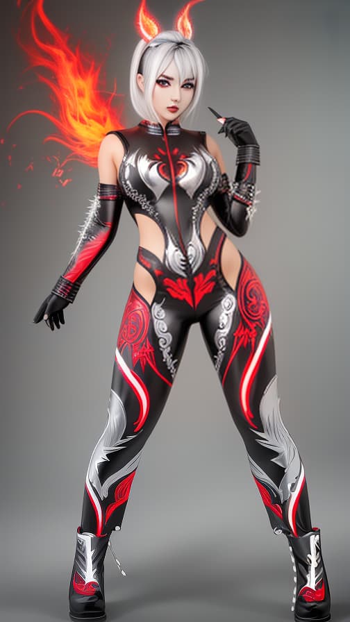  Full body red and silver flame pattern body paint,silver body paint on the whole body,grey face paint on the face, Dark elf, full body image 女性