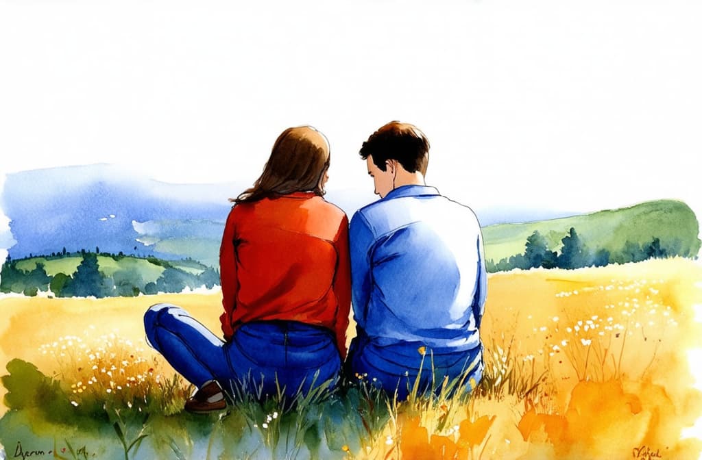  artwork couple a man and a woman sit together bowing their heads on their shoulders and looking into the distance at a beautiful view relationships outdoor recreation dream travel family ar 2:3 ar 3:2, watercolor techniques, featuring fluid colors, subtle gradients, transparency associated with watercolor art