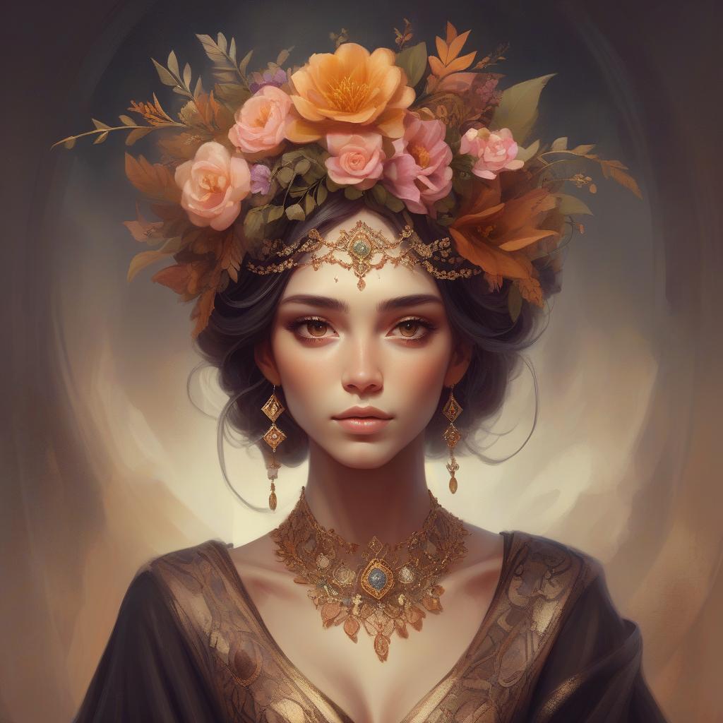  concept art a painting of a woman with a floral crown and intricate jewelry, featuring warm tones and a fantasy style. dark fantasy . digital artwork, illustrative, painterly, matte painting, highly detailed