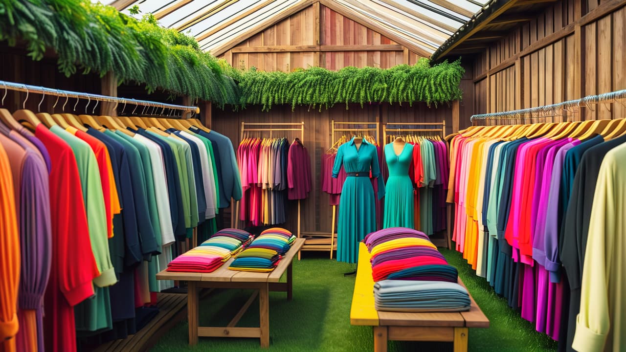  a vibrant market scene showcasing colorful upcycled clothing on display, featuring vintage garments with unique patterns, eco friendly tags, and enthusiastic shoppers exploring the stalls, surrounded by greenery and rustic wooden structures. hyperrealistic, full body, detailed clothing, highly detailed, cinematic lighting, stunningly beautiful, intricate, sharp focus, f/1. 8, 85mm, (centered image composition), (professionally color graded), ((bright soft diffused light)), volumetric fog, trending on instagram, trending on tumblr, HDR 4K, 8K