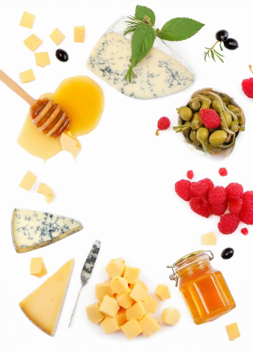  a beautiful composition of several types of cheese on the table, as well as honey and raspberry jam, several raspberries and olives, film photography style