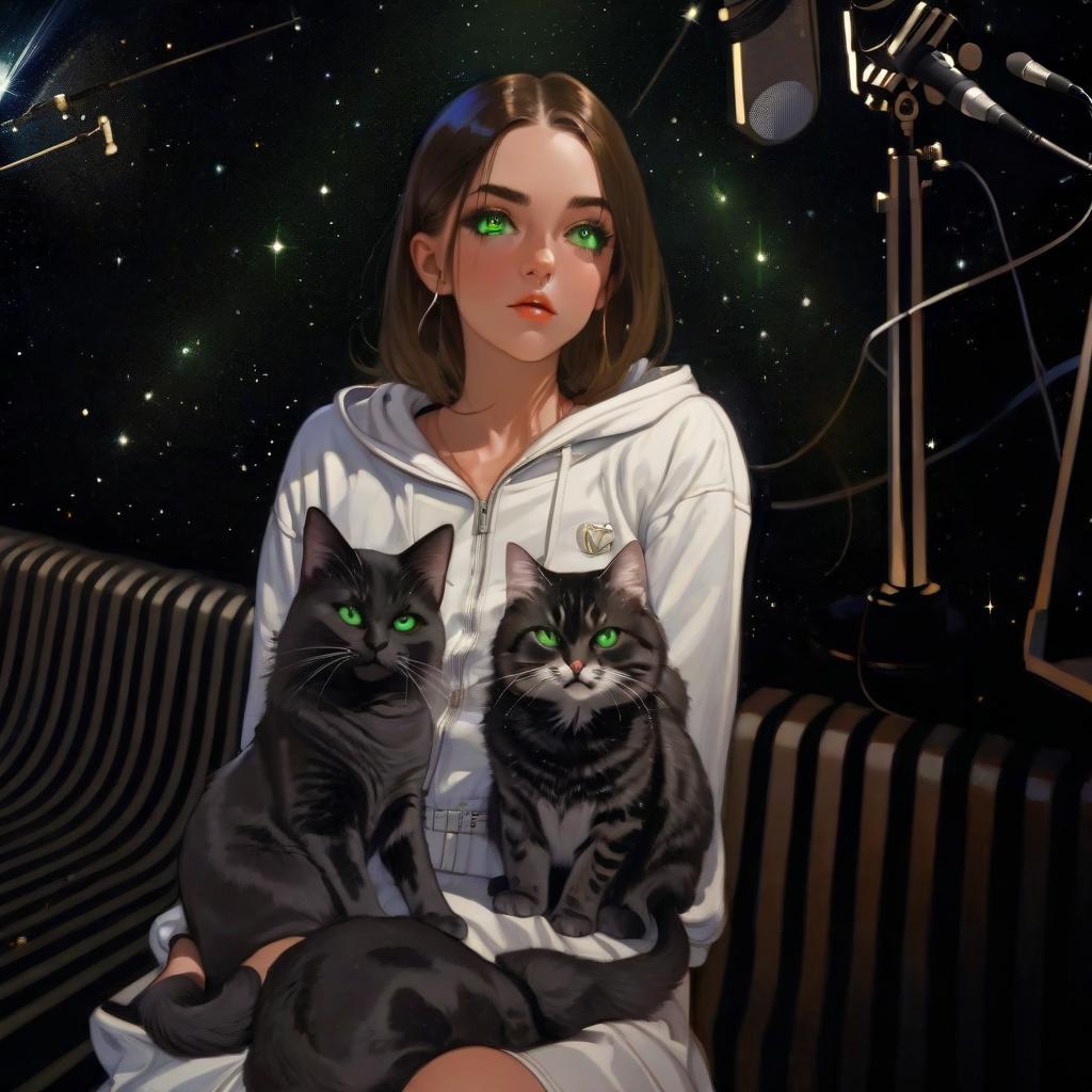  girl with dark green eyes, two cats, space, spotlights, stage, microphone, music, royal grace