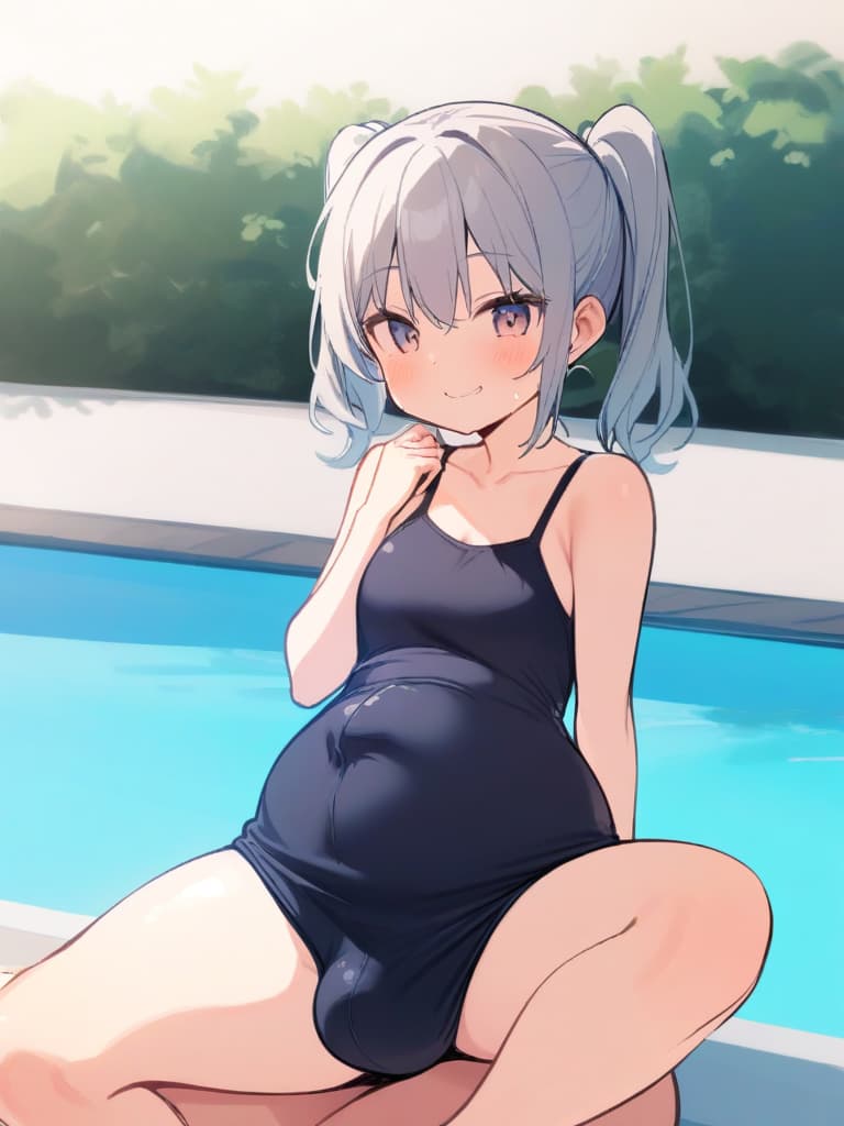  women's elementary (girls), twin tails, cute smiles, big s, low stature, dark blue swimwear, old swimwear, swimwear, simple (bulging), man (bulge), (swelling), shaped clear (clear) shape crisp chin (shaped clear man), front, whole body, pool side,