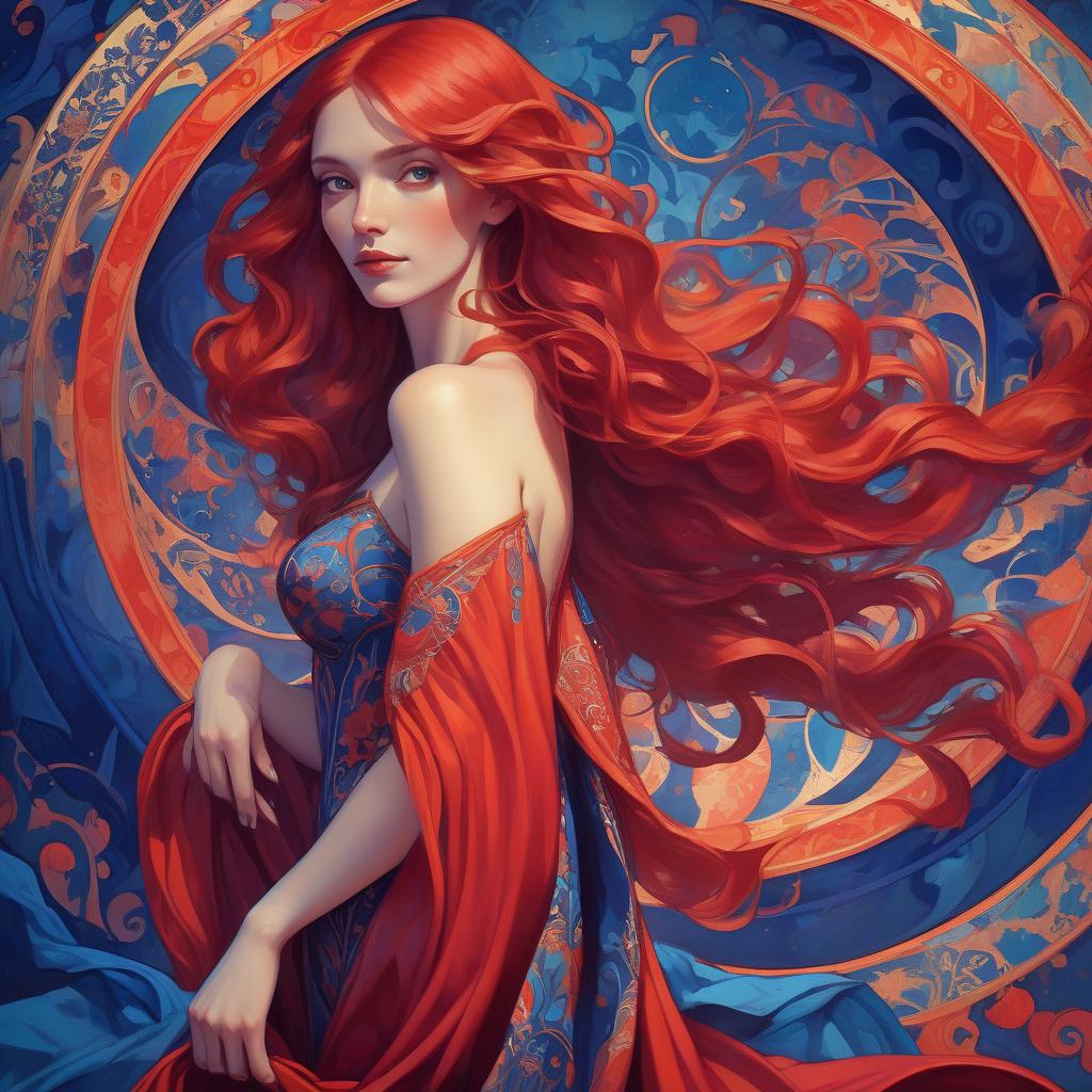  mage crimson (painting of a well endowed woman in a striking red dress), vibrant, flowing red hair, red cape draping elegantly, (deep blue psychedelic background), surreal forms and patterns intertwining, created in the style of alphonse mucha, rich color saturation, ethereal and dreamlike atmosphere, (intricate textures), visually captivating, 4k quality, poster art aesthetic.