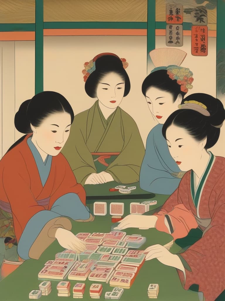  women,around a mahjong table((playing mahjong)),