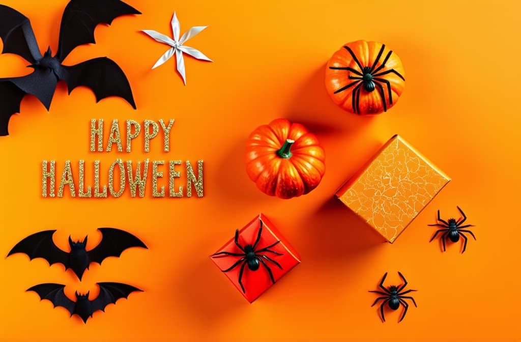  happy halloween holiday greeting card background. flat lay gift boxes, set of halloween symbols spiders, bats, pumpkin, party decorations on orange background ar 3:2 {prompt}, maximum details